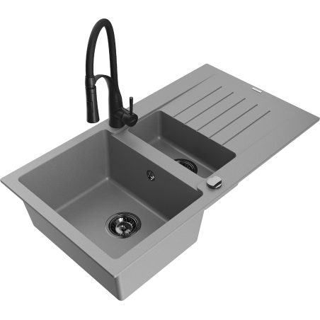 Mexen Matias zlewozmywak granitowy 1,5-komorowy z ociekaczem i baterią kuchenną Aster, szary - 6502-71-73450-70-B