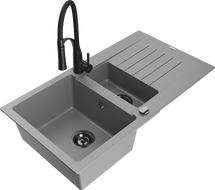 Mexen Matias zlewozmywak granitowy 1,5-komorowy z ociekaczem i baterią kuchenną Aster, szary - 6502-71-73450-70-B