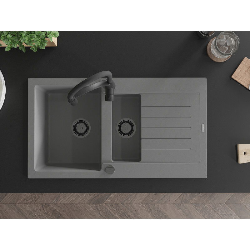 Mexen Matias zlewozmywak granitowy 1,5-komorowy z ociekaczem i baterią kuchenną Aster, szary - 6502-71-73450-70-B