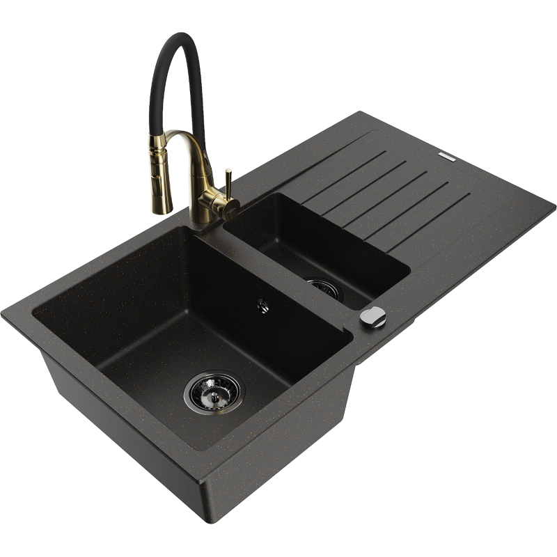 Mexen Matias zlewozmywak granitowy 1,5-komorowy z ociekaczem i baterią kuchenną Aster, czarny/złoty metalik - 6502-75-73450-57-B