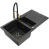 Mexen Matias zlewozmywak granitowy 1,5-komorowy z ociekaczem i baterią kuchenną Aster, czarny/złoty metalik - 6502-75-73450-57-B