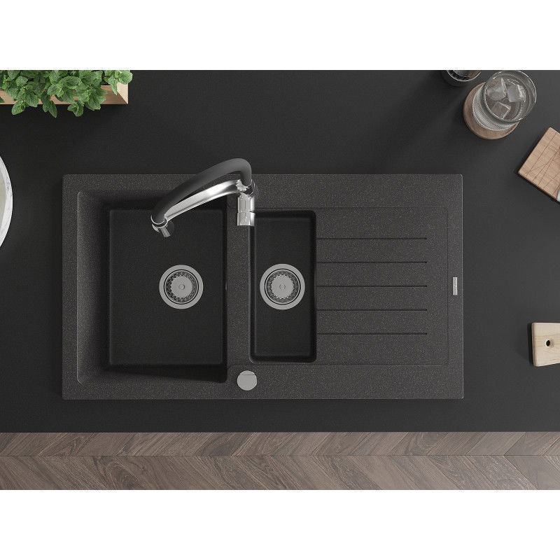 Mexen Matias zlewozmywak granitowy 1,5-komorowy z ociekaczem i baterią kuchenną Aster, czarny nakrapiany - 6502-76-73450-07