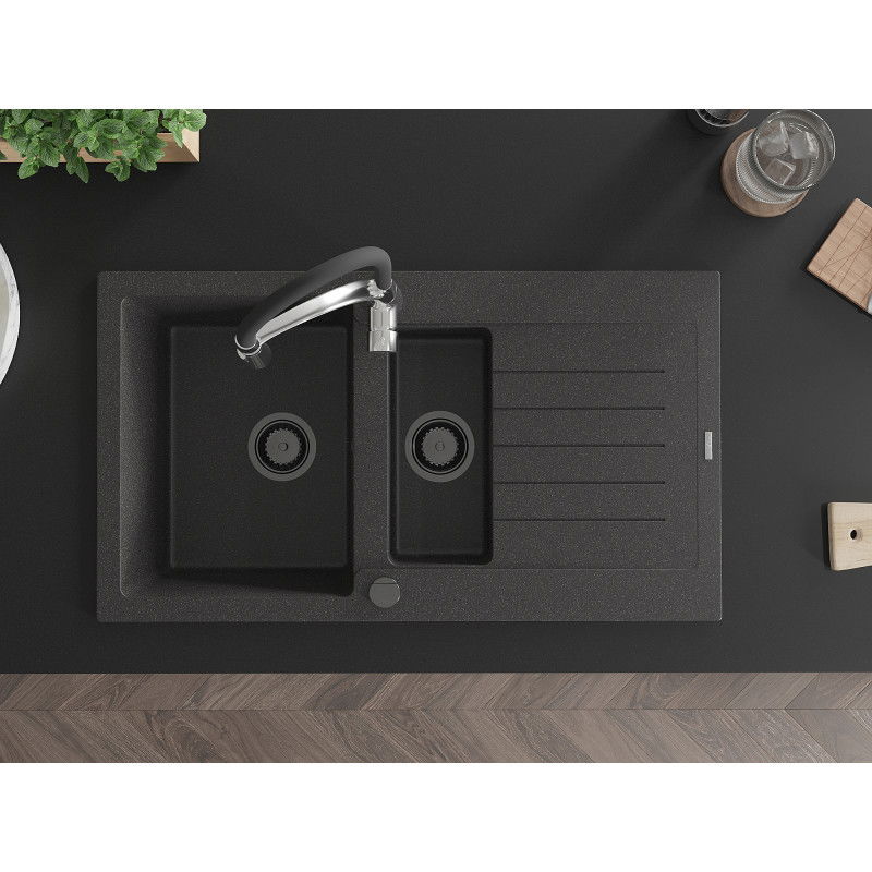 Mexen Matias zlewozmywak granitowy 1,5-komorowy z ociekaczem i baterią kuchenną Aster, czarny nakrapiany - 6502-76-73450-07-B
