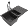 Mexen Matias zlewozmywak granitowy 1,5-komorowy z ociekaczem i baterią kuchenną Aster, czarny nakrapiany - 6502-76-73450-07-B