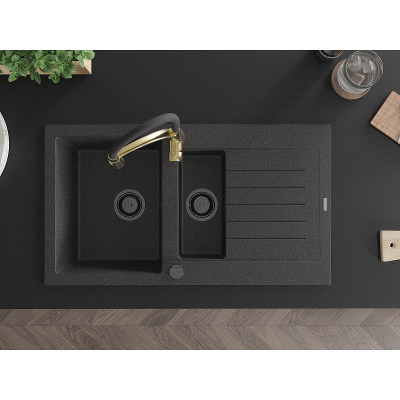 Mexen Matias zlewozmywak granitowy 1,5-komorowy z ociekaczem i baterią kuchenną Aster, czarny nakrapiany - 6502-76-73450-57-B
