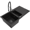 Mexen Matias zlewozmywak granitowy 1,5-komorowy z ociekaczem i baterią kuchenną Aster, czarny - 6502-77-73450-07-B