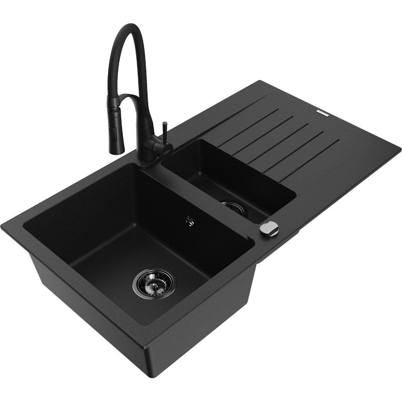 Mexen Matias zlewozmywak granitowy 1,5-komorowy z ociekaczem i baterią kuchenną Aster, czarny - 6502-77-73450-70-B