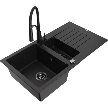 Mexen Matias zlewozmywak granitowy 1,5-komorowy z ociekaczem i baterią kuchenną Aster, czarny - 6502-77-73450-70-B