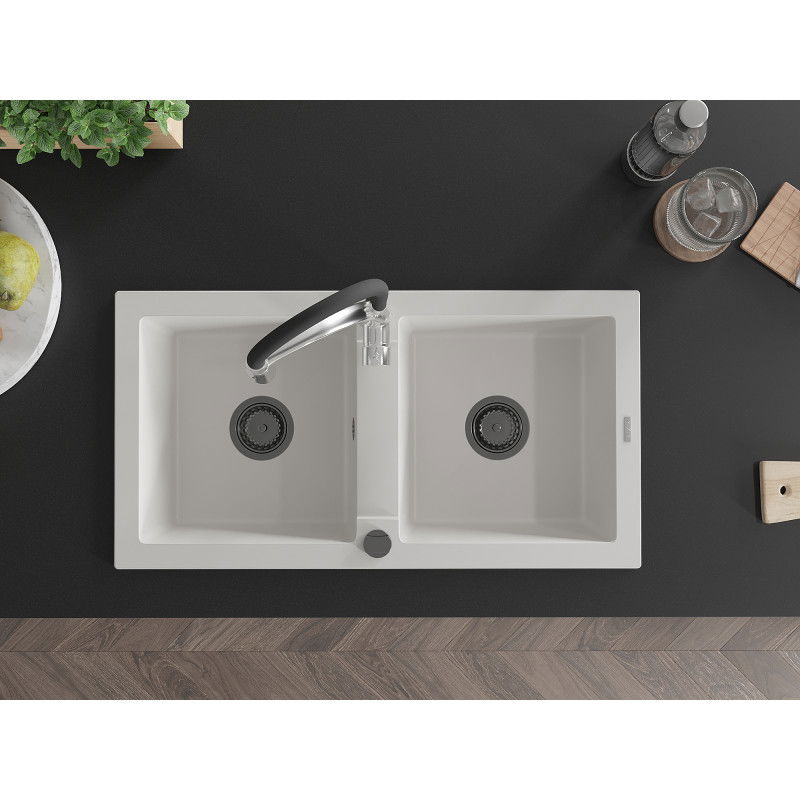Mexen Mario zlewozmywak granitowy 2-komorowy z baterią kuchenną Aster, biały - 6504-20-73450-07-B