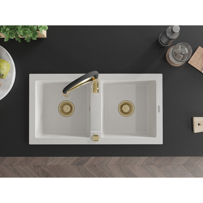 Mexen Mario zlewozmywak granitowy 2-komorowy z baterią kuchenną Aster, biały - 6504-20-73450-57-G