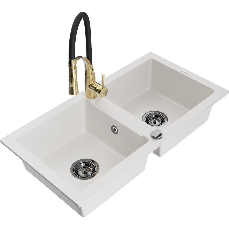 Mexen Mario zlewozmywak granitowy 2-komorowy z baterią kuchenną Aster, biały - 6504-20-73450-57-B