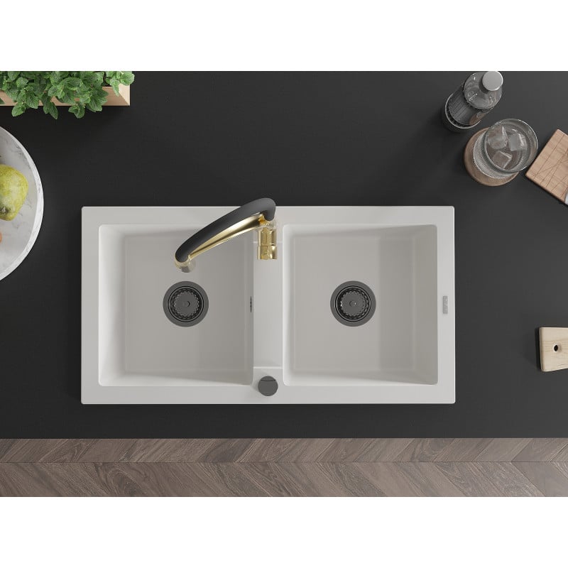 Mexen Mario zlewozmywak granitowy 2-komorowy z baterią kuchenną Aster, biały - 6504-20-73450-57-B