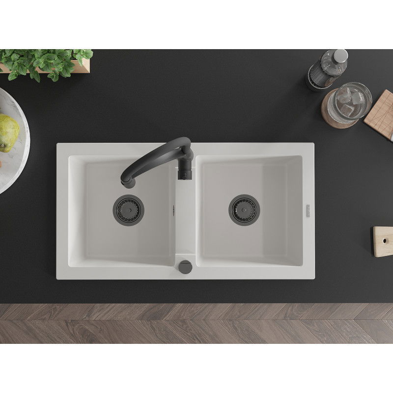 Mexen Mario zlewozmywak granitowy 2-komorowy z baterią kuchenną Aster, biały - 6504-20-73450-70-B