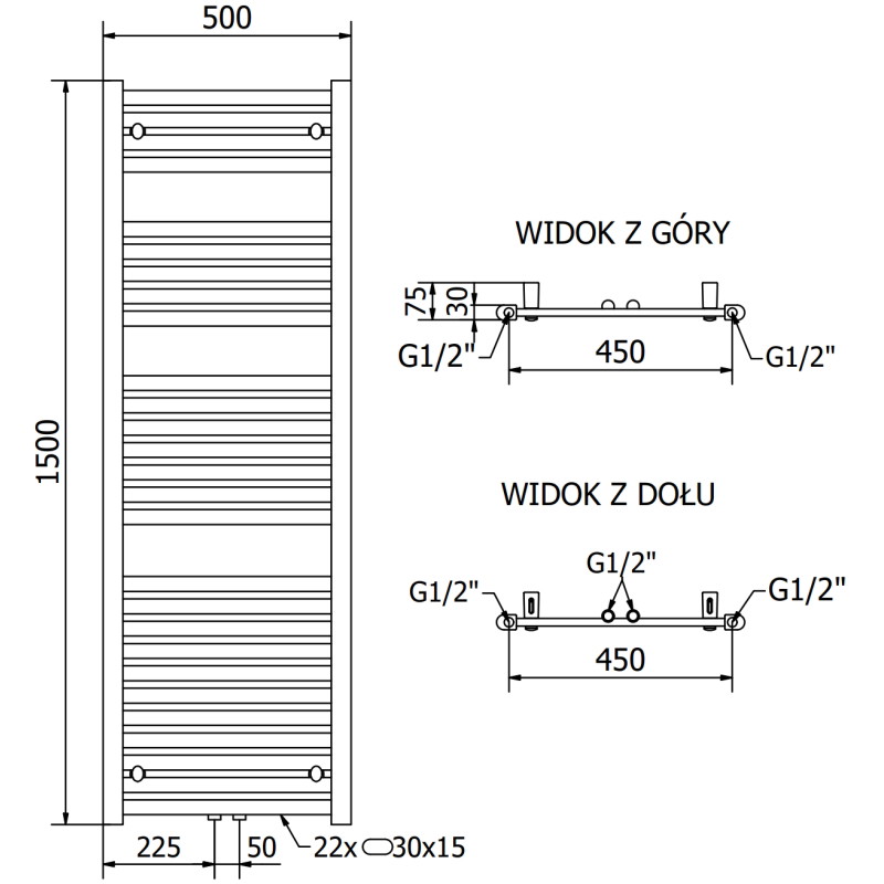 Mexen Hades grzejnik łazienkowy 1500 x 500 mm, 703 W, czarny - W104-1500-500-00-70