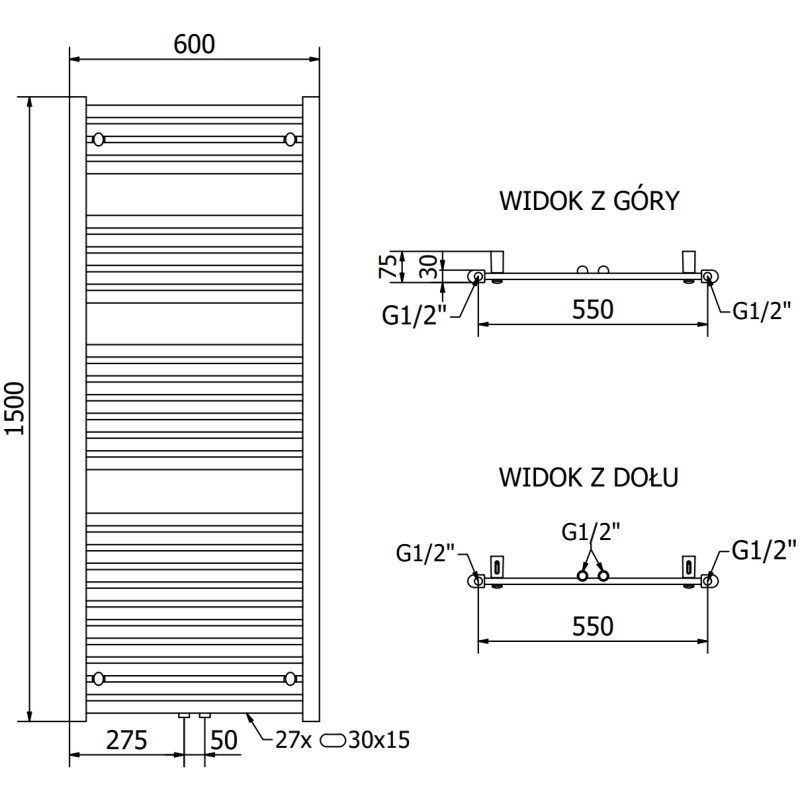 Mexen Hades grzejnik łazienkowy 1500 x 600 mm, 812 W, czarny - W104-1500-600-00-70