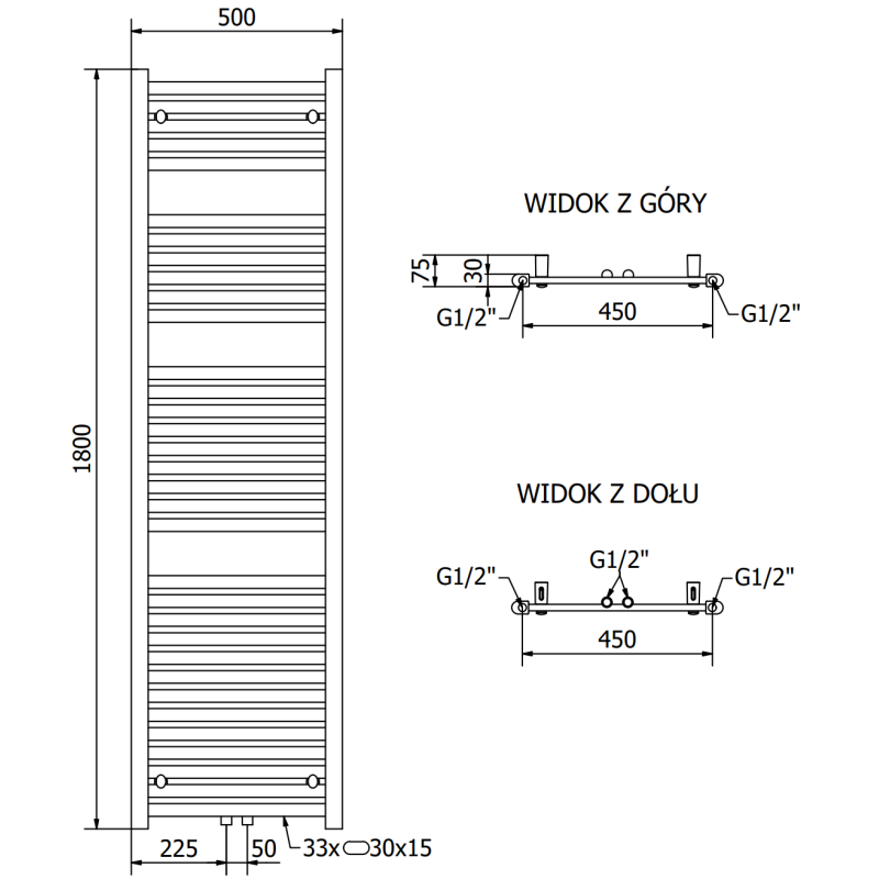 Mexen Hades grzejnik łazienkowy 1800 x 500 mm, 854 W, czarny - W104-1800-500-00-70