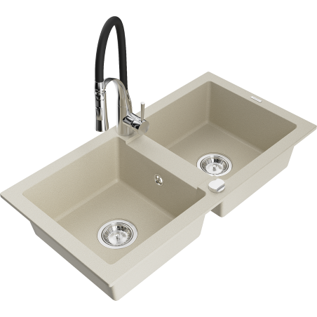 Mexen Mario zlewozmywak granitowy 2-komorowy z baterią kuchenną Aster, beżowy - 6504-69-73450-07