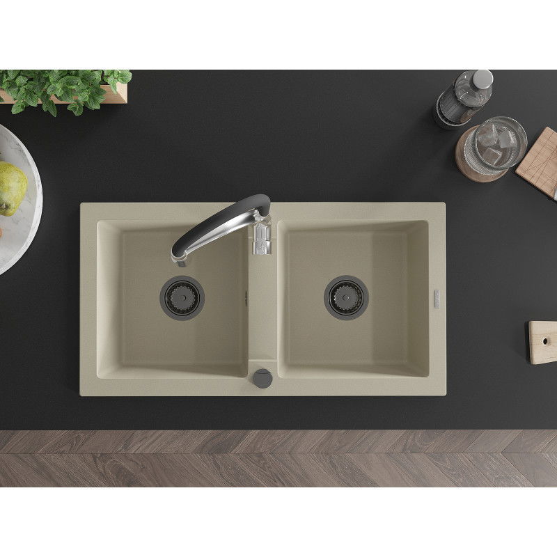 Mexen Mario zlewozmywak granitowy 2-komorowy z baterią kuchenną Aster, beżowy - 6504-69-73450-07-B