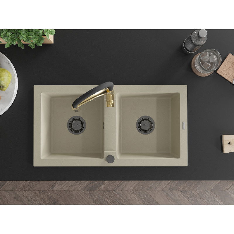 Mexen Mario zlewozmywak granitowy 2-komorowy z baterią kuchenną Aster, beżowy - 6504-69-73450-57-B