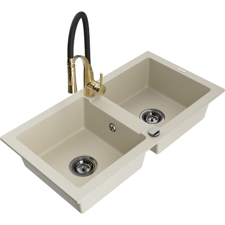 Mexen Mario zlewozmywak granitowy 2-komorowy z baterią kuchenną Aster, beżowy - 6504-69-73450-57-B