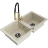 Mexen Mario zlewozmywak granitowy 2-komorowy z baterią kuchenną Aster, beżowy - 6504-69-73450-57-B