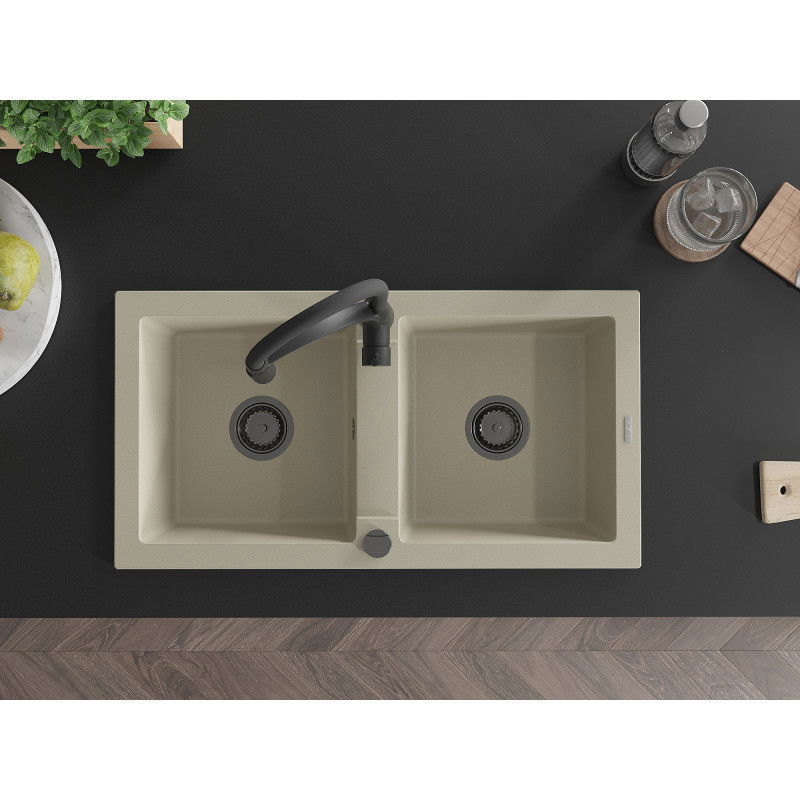 Mexen Mario zlewozmywak granitowy 2-komorowy z baterią kuchenną Aster, beżowy - 6504-69-73450-70-B