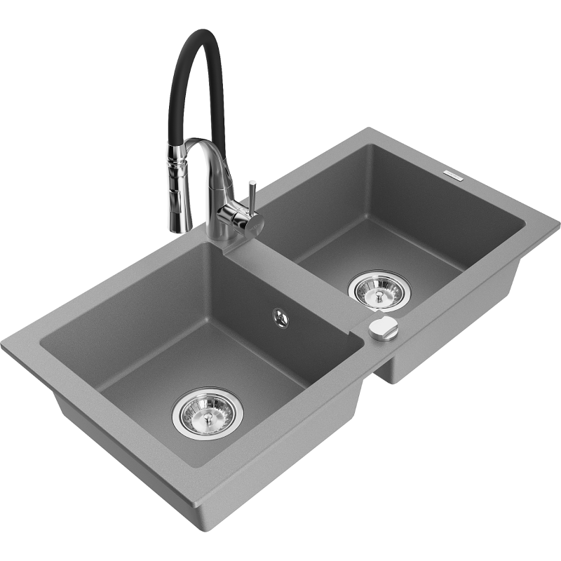 Mexen Mario zlewozmywak granitowy 2-komorowy z baterią kuchenną Aster, szary - 6504-71-73450-07