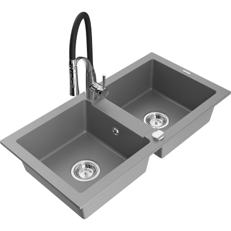 Mexen Mario zlewozmywak granitowy 2-komorowy z baterią kuchenną Aster, szary - 6504-71-73450-07
