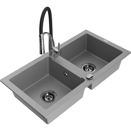 Mexen Mario zlewozmywak granitowy 2-komorowy z baterią kuchenną Aster, szary - 6504-71-73450-07-B