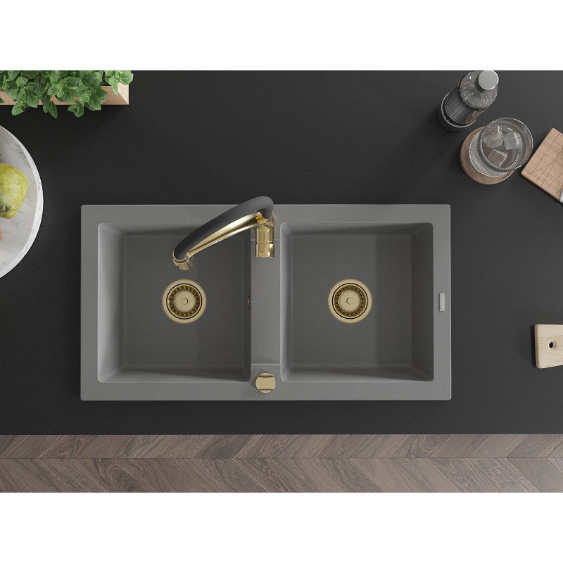 Mexen Mario zlewozmywak granitowy 2-komorowy z baterią kuchenną Aster, szary - 6504-71-73450-57-G