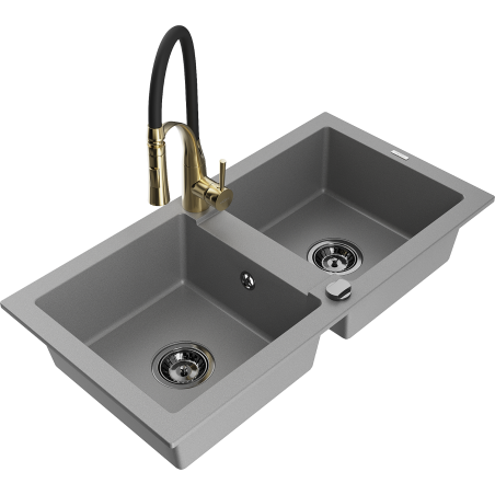 Mexen Mario zlewozmywak granitowy 2-komorowy z baterią kuchenną Aster, szary - 6504-71-73450-57-B