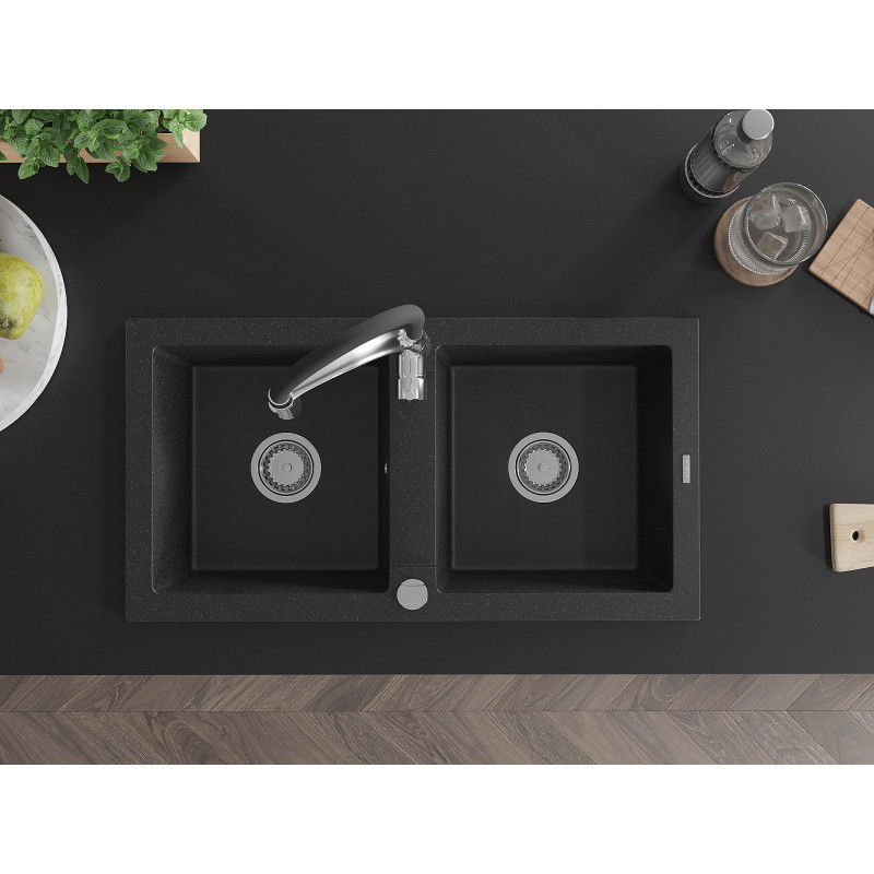 Mexen Mario zlewozmywak granitowy 2-komorowy z baterią kuchenną Aster, czarny/srebrny metalik - 6504-73-73450-07