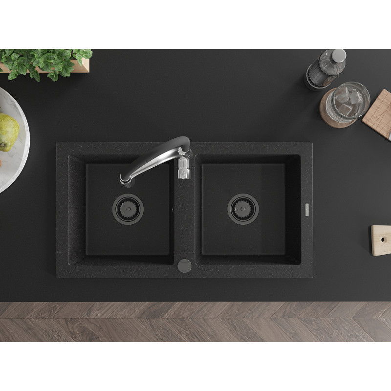 Mexen Mario zlewozmywak granitowy 2-komorowy z baterią kuchenną Aster, czarny/srebrny metalik - 6504-73-73450-07-B