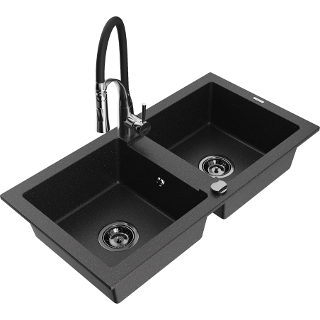 Mexen Mario zlewozmywak granitowy 2-komorowy z baterią kuchenną Aster, czarny/srebrny metalik - 6504-73-73450-07-B