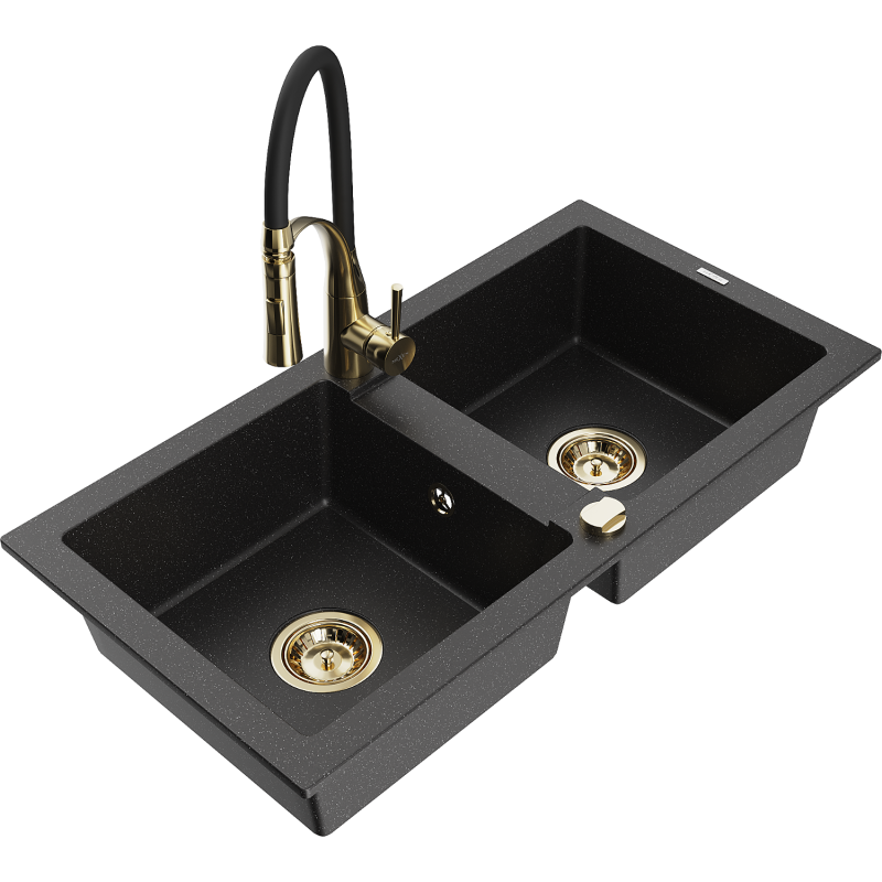 Mexen Mario zlewozmywak granitowy 2-komorowy z baterią kuchenną Aster, czarny/srebrny metalik - 6504-73-73450-57-G