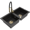 Mexen Mario zlewozmywak granitowy 2-komorowy z baterią kuchenną Aster, czarny/srebrny metalik - 6504-73-73450-57-G