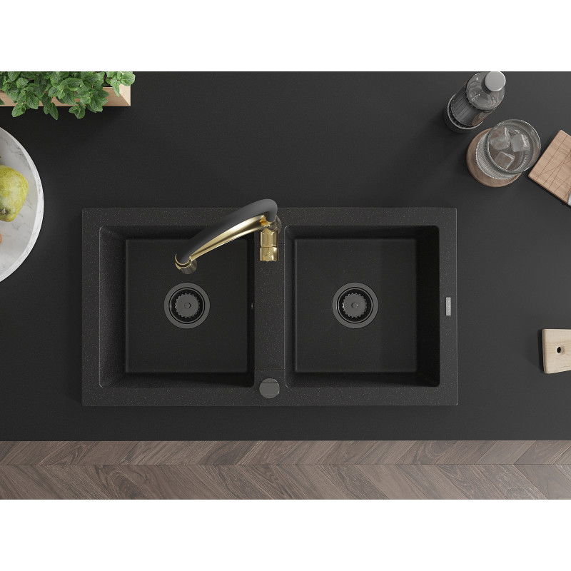 Mexen Mario zlewozmywak granitowy 2-komorowy z baterią kuchenną Aster, czarny/srebrny metalik - 6504-73-73450-57-B