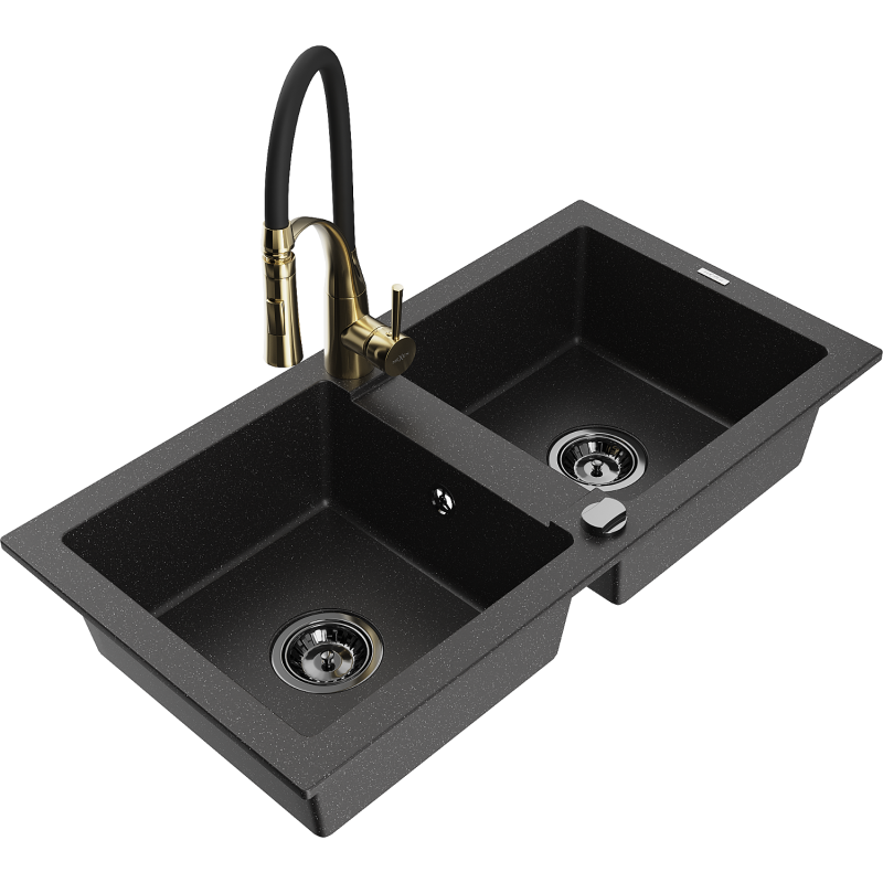 Mexen Mario zlewozmywak granitowy 2-komorowy z baterią kuchenną Aster, czarny/srebrny metalik - 6504-73-73450-57-B