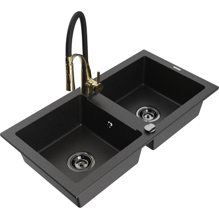 Mexen Mario zlewozmywak granitowy 2-komorowy z baterią kuchenną Aster, czarny/srebrny metalik - 6504-73-73450-57-B
