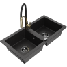 Mexen Mario zlewozmywak granitowy 2-komorowy z baterią kuchenną Aster, czarny/srebrny metalik - 6504-73-73450-57-B