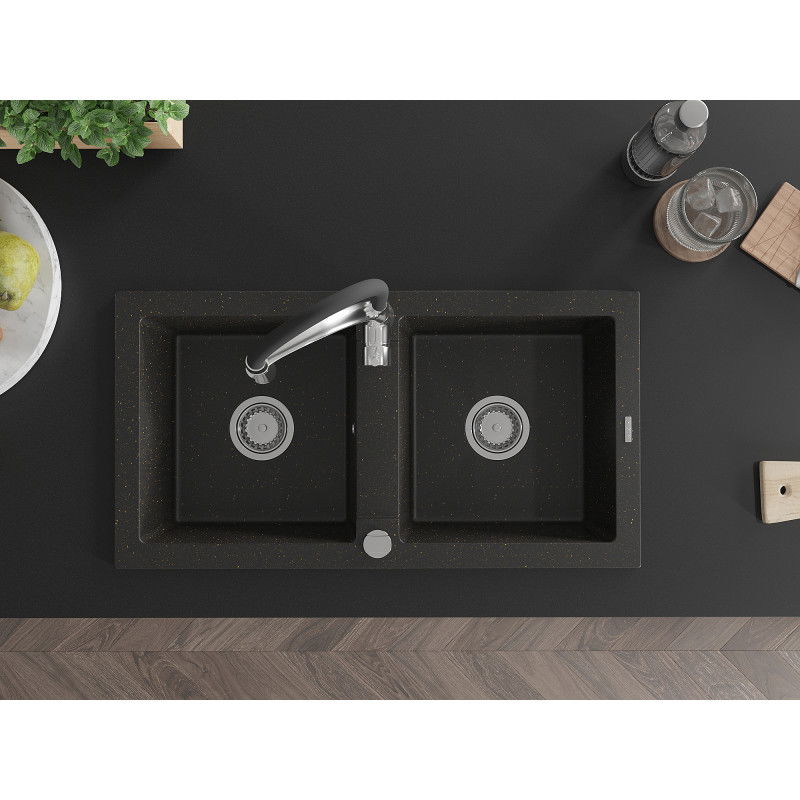 Mexen Mario zlewozmywak granitowy 2-komorowy z baterią kuchenną Aster, czarny/złoty metalik - 6504-75-73450-07