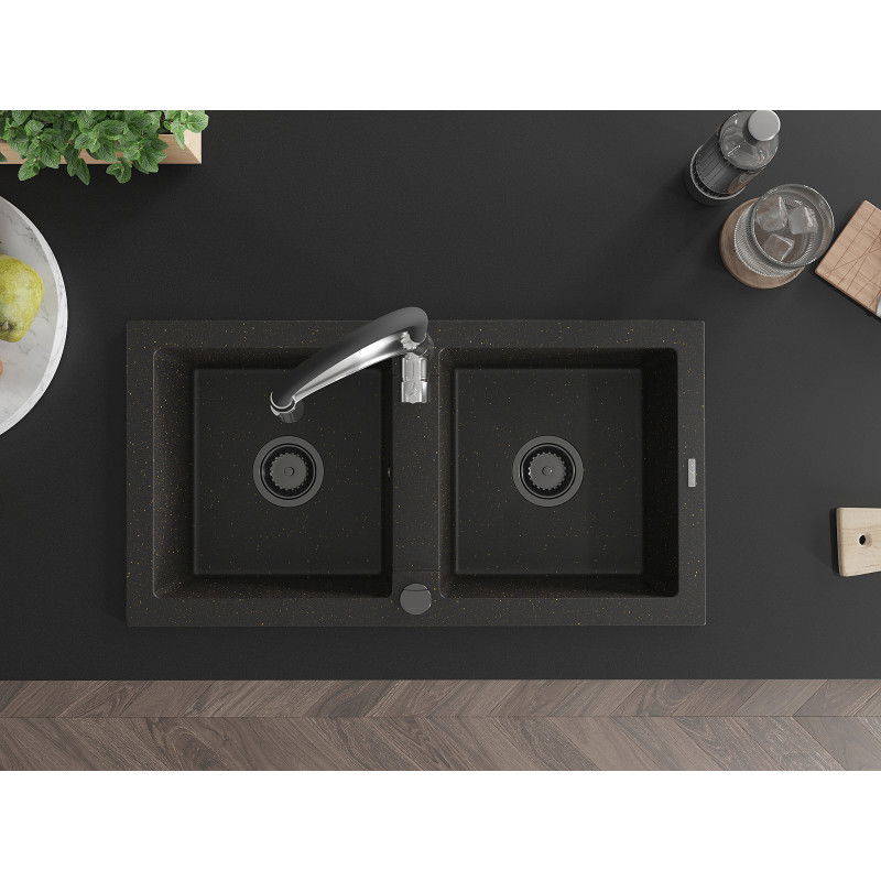 Mexen Mario zlewozmywak granitowy 2-komorowy z baterią kuchenną Aster, czarny/złoty metalik - 6504-75-73450-07-B