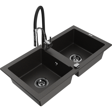 Mexen Mario zlewozmywak granitowy 2-komorowy z baterią kuchenną Aster, czarny/złoty metalik - 6504-75-73450-07-B