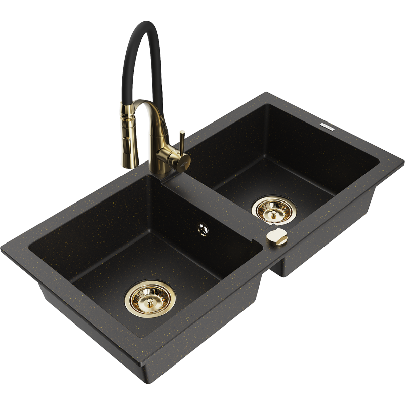Mexen Mario zlewozmywak granitowy 2-komorowy z baterią kuchenną Aster, czarny/złoty metalik - 6504-75-73450-57-G