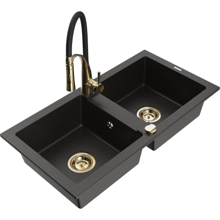 Mexen Mario zlewozmywak granitowy 2-komorowy z baterią kuchenną Aster, czarny/złoty metalik - 6504-75-73450-57-G
