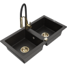 Mexen Mario zlewozmywak granitowy 2-komorowy z baterią kuchenną Aster, czarny/złoty metalik - 6504-75-73450-57-G