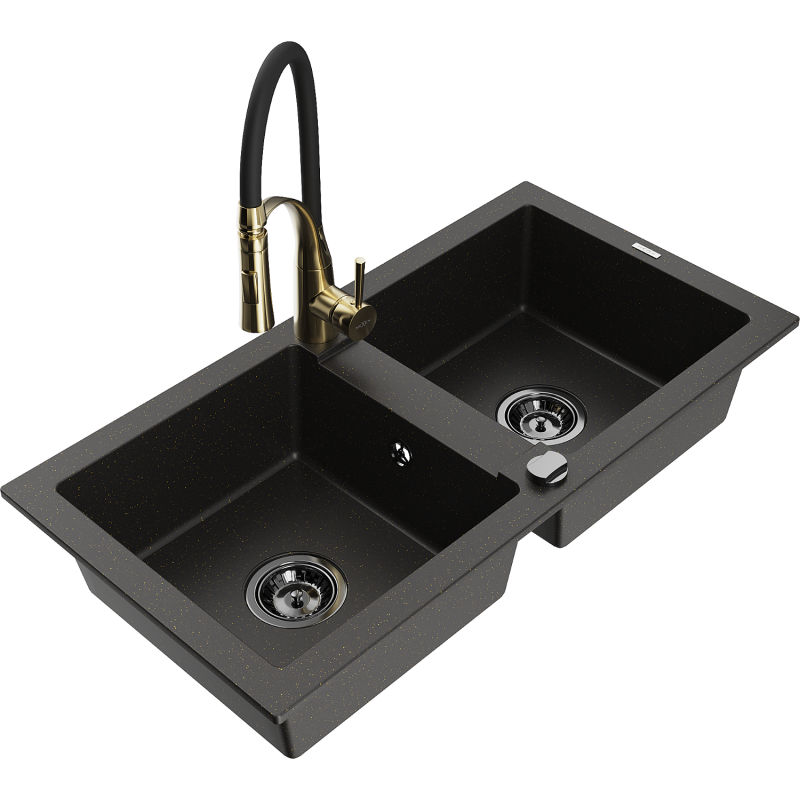 Mexen Mario zlewozmywak granitowy 2-komorowy z baterią kuchenną Aster, czarny/złoty metalik - 6504-75-73450-57-B