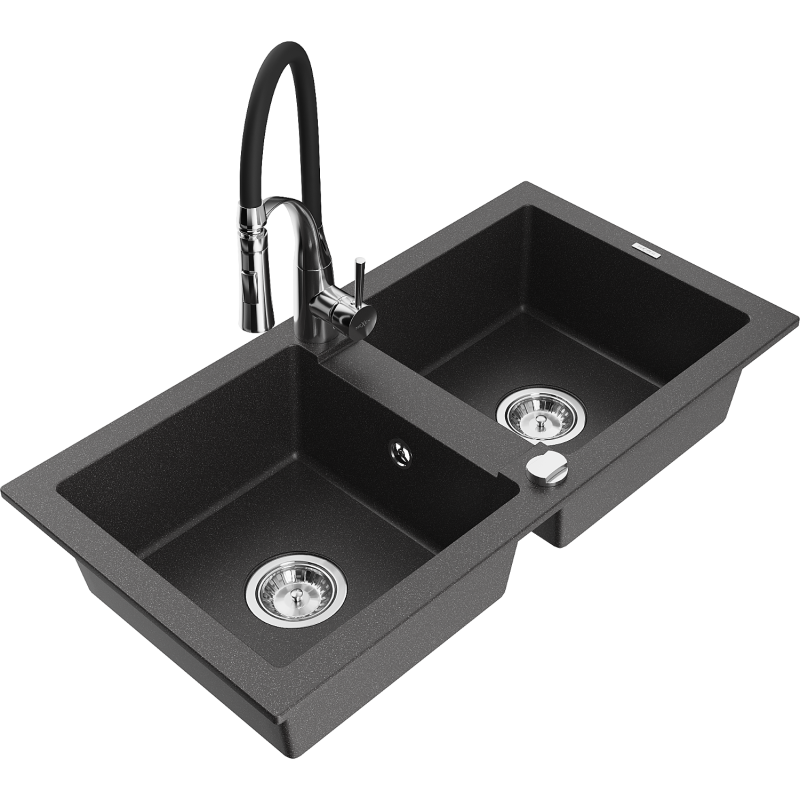 Mexen Mario zlewozmywak granitowy 2-komorowy z baterią kuchenną Aster, czarny nakrapiany - 6504-76-73450-07