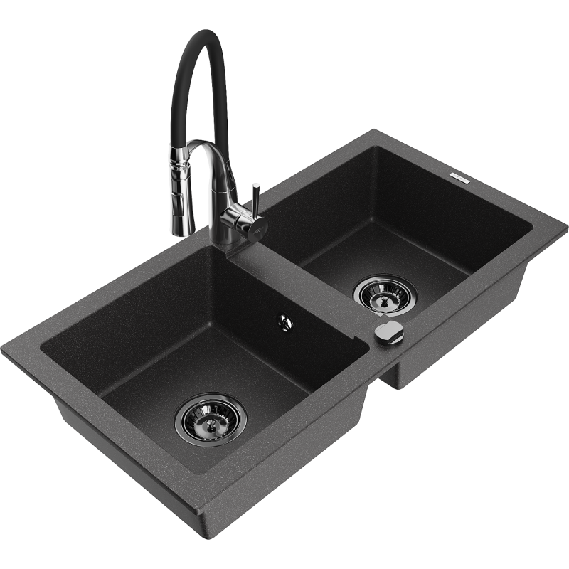 Mexen Mario zlewozmywak granitowy 2-komorowy z baterią kuchenną Aster, czarny nakrapiany - 6504-76-73450-07-B