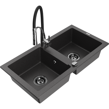 Mexen Mario zlewozmywak granitowy 2-komorowy z baterią kuchenną Aster, czarny nakrapiany - 6504-76-73450-07-B